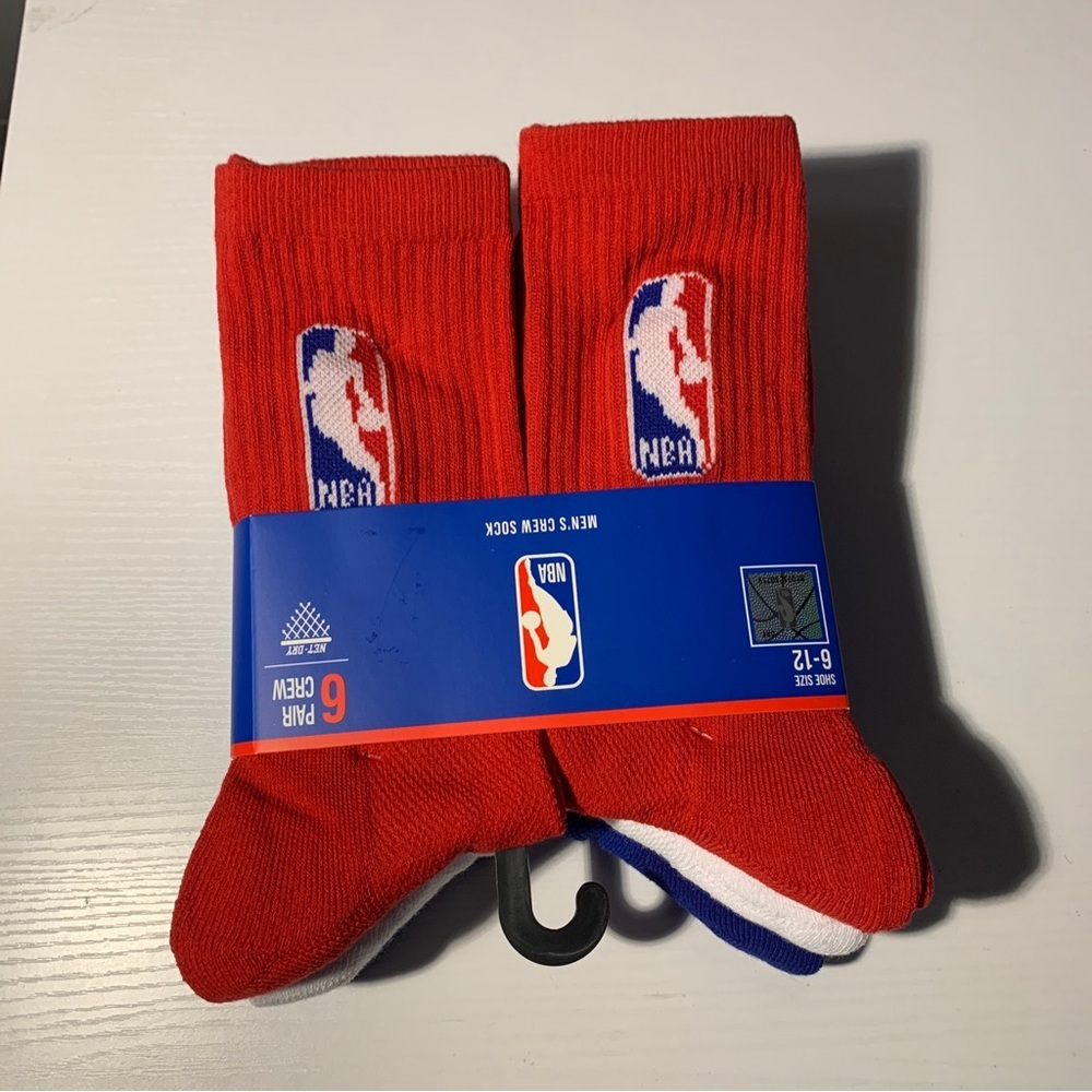 NBA Logo Basketball Men Crew Socks 6 Pairs-Red White Blue - Shoe Size 6-12 - NEW